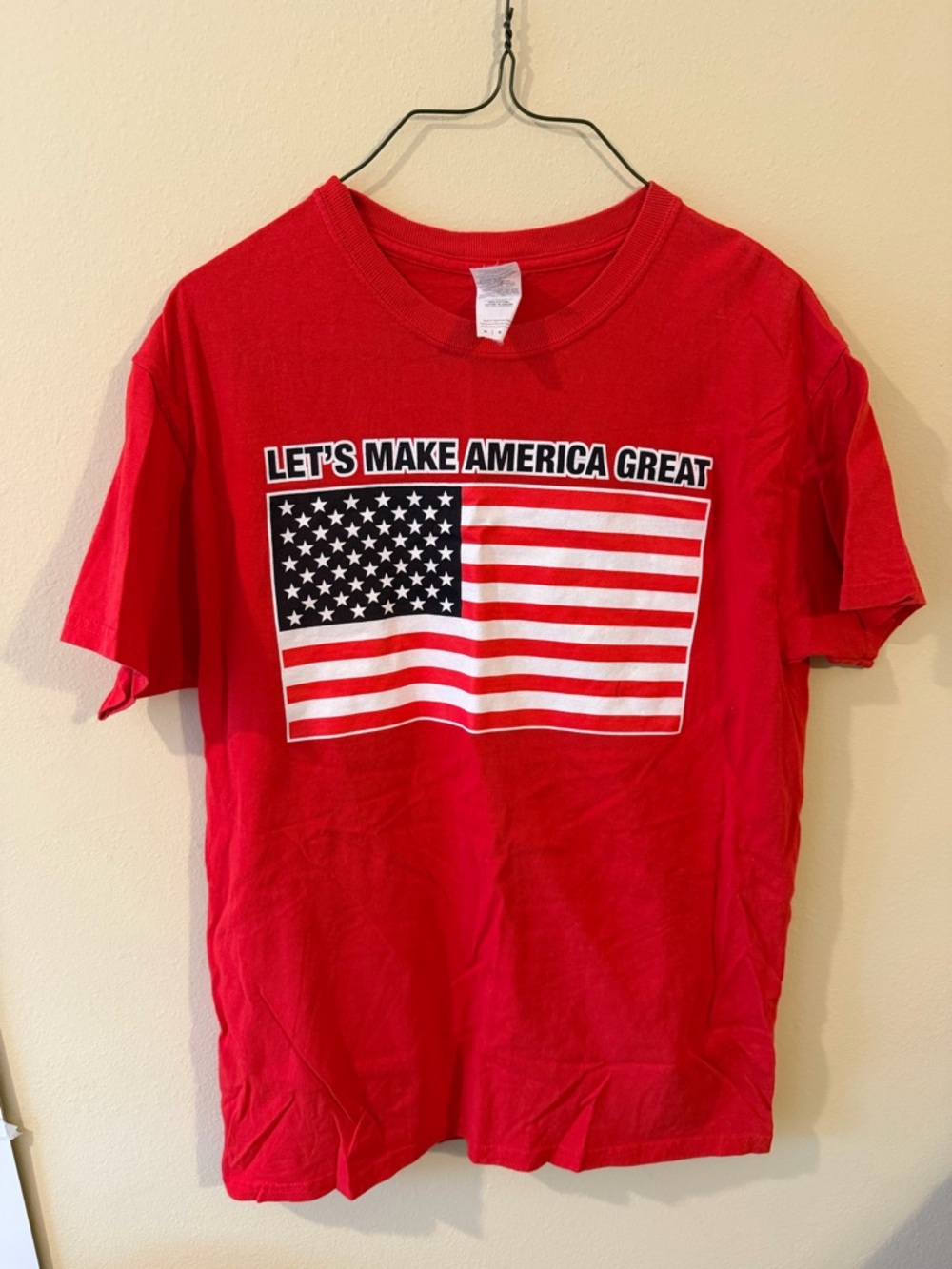 Gildan Red Short Sleeve Tee with American Flag "Let's Make America Great"